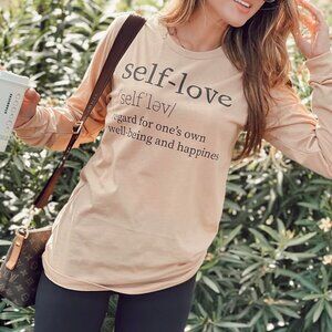 Ladies Self Love Beige Long Sleeve Crew Neck Tee
